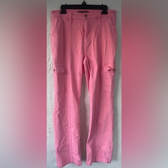 Judy Blue Denim - Judy Blue Garment Dyed High Waist Straight Leg Cargo Jeans Pink Pockets; 11/30